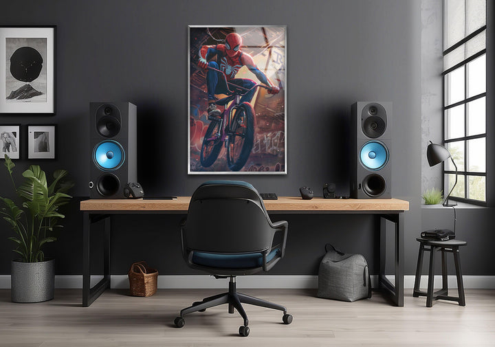 Spider Man with BMX Glass Wall Art art glass wall art, glass wall art pictures
