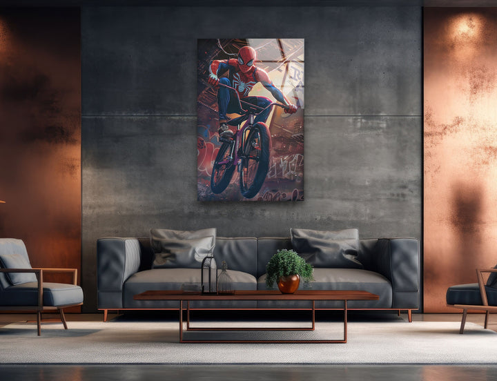 Spider Man with BMX Glass Wall Art photo print on glass, prints on glass wall art
