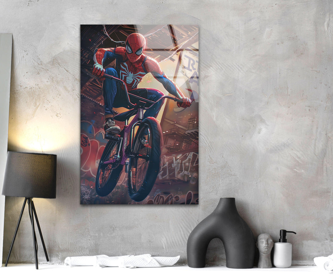 Spider Man with BMX Glass Wall Art large glass photo prints, glass wall photos
