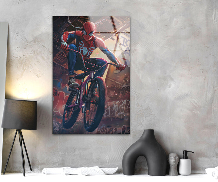 Spider Man with BMX Glass Wall Art large glass photo prints, glass wall photos
