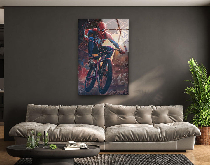 Spider Man with BMX Glass Wall Art glass pictures for Wall, glass prints wall art
