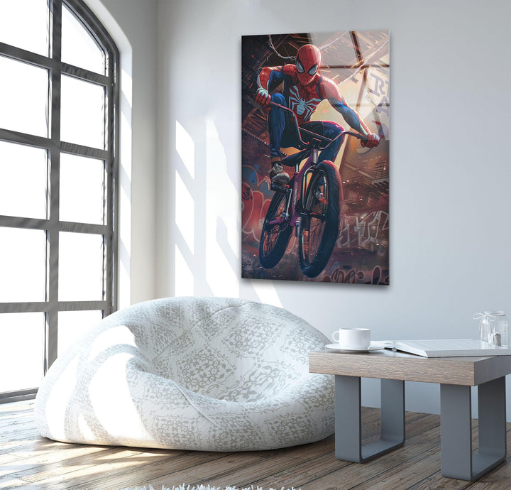 Spider Man with BMX Glass Wall Art glass photo prints, glass picture prints
