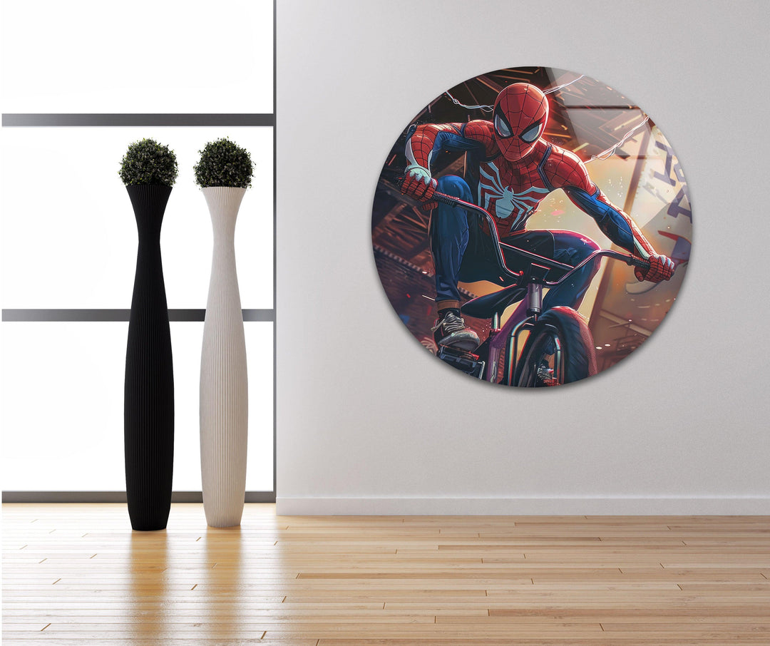 Spider Man with BMX Glass Wall Art glass image printing, glass prints from photos
