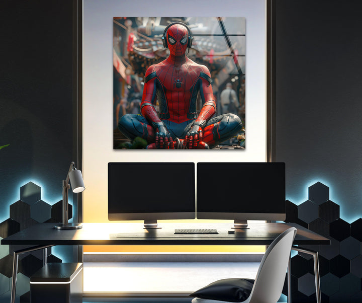 Spiderman with Buddha Glass Wall Art print on glass, glass printed photos
