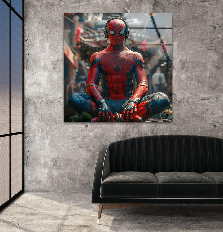 Spiderman with Buddha Glass Wall Art large glass photo prints, glass wall photos
