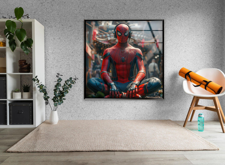 Spiderman with Buddha Glass Wall Art glass art painting, glass art for the Wall
