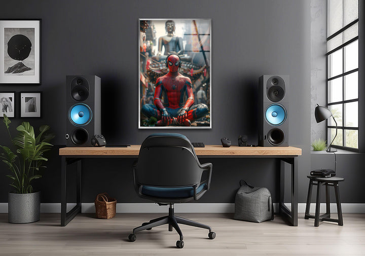 Spiderman with Buddha Glass Wall Art custom glass photo prints, large glass prints
