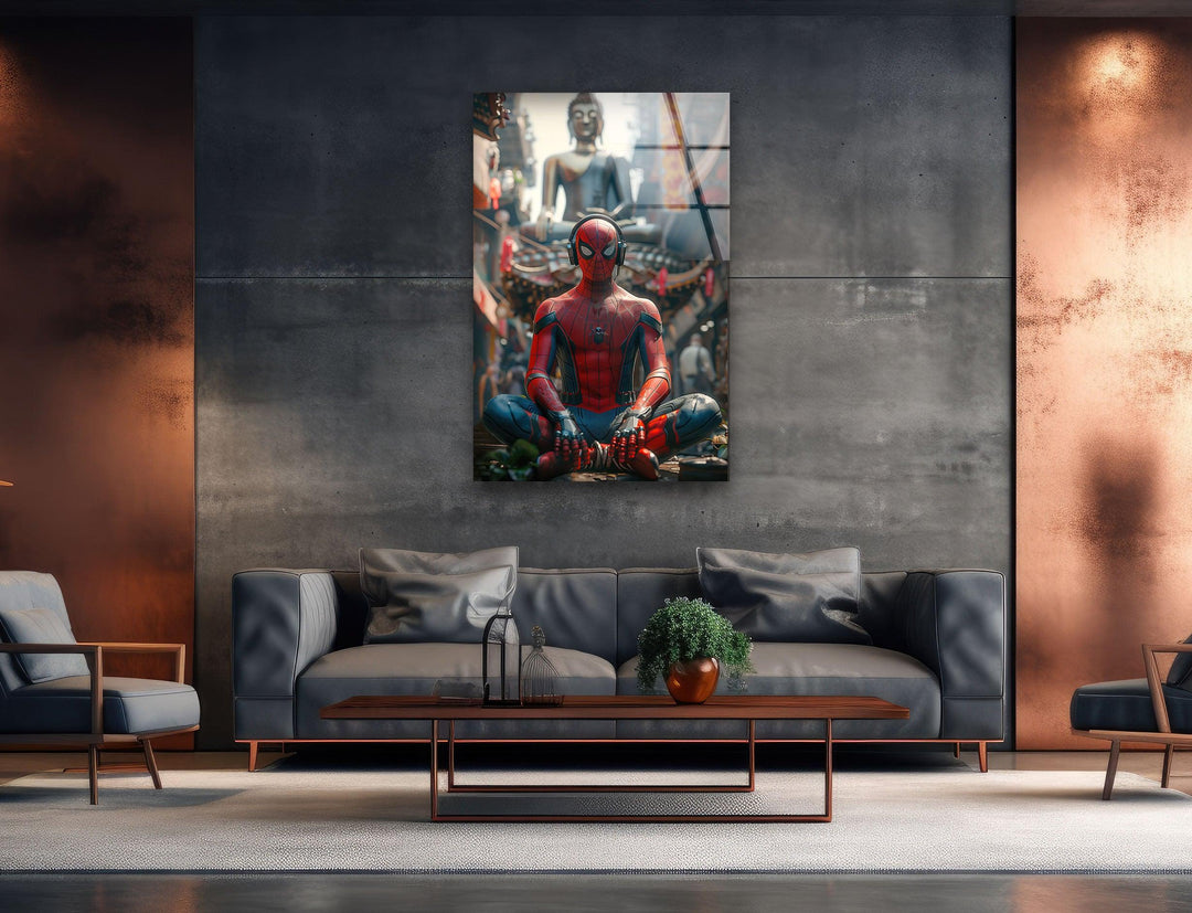 Spiderman with Buddha Glass Wall Art stained glass wall art, stained glass wall decor
