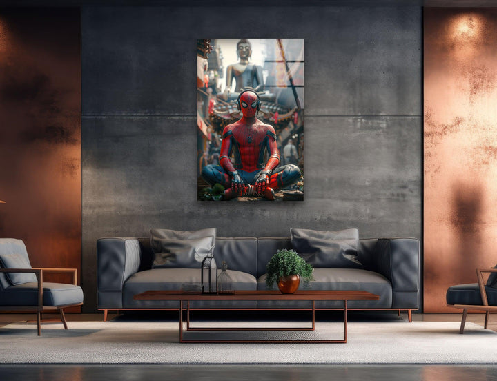 Spiderman with Buddha Glass Wall Art stained glass wall art, stained glass wall decor
