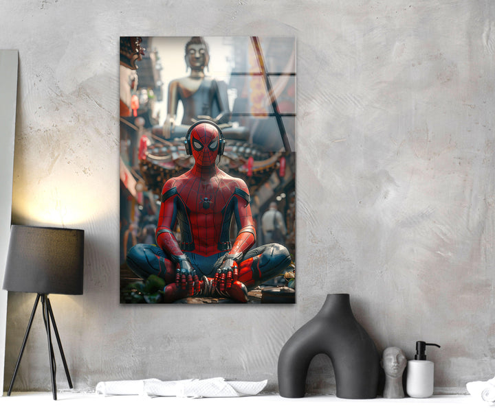 Spiderman mit Buddha-Wandkunst aus Glas
