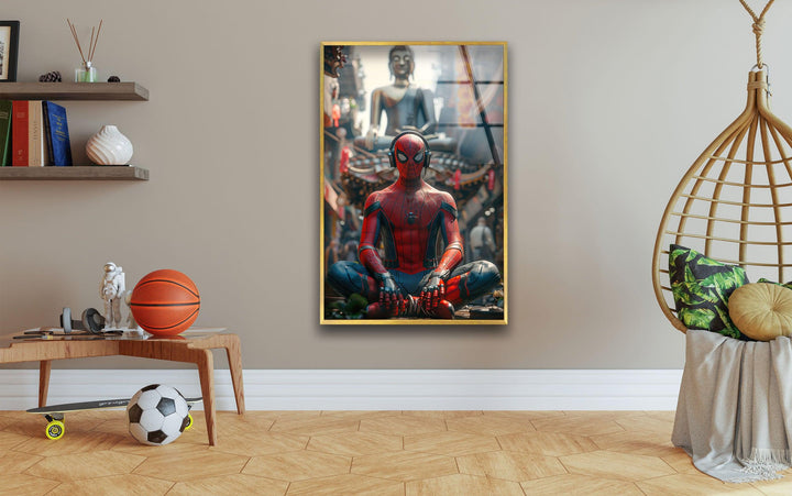 Spiderman with Buddha Glass Wall Art picture on glass wall art, photos printed on glass
