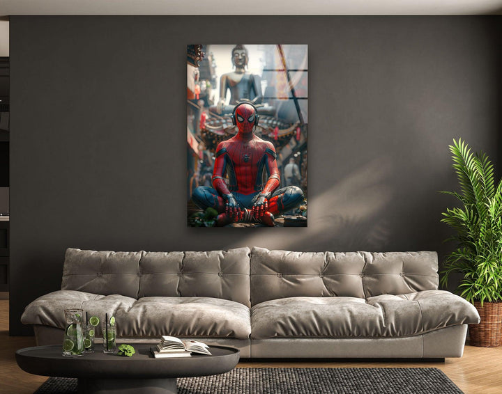 Spiderman with Buddha Glass Wall Art glass wall decor, glass wall art decor
