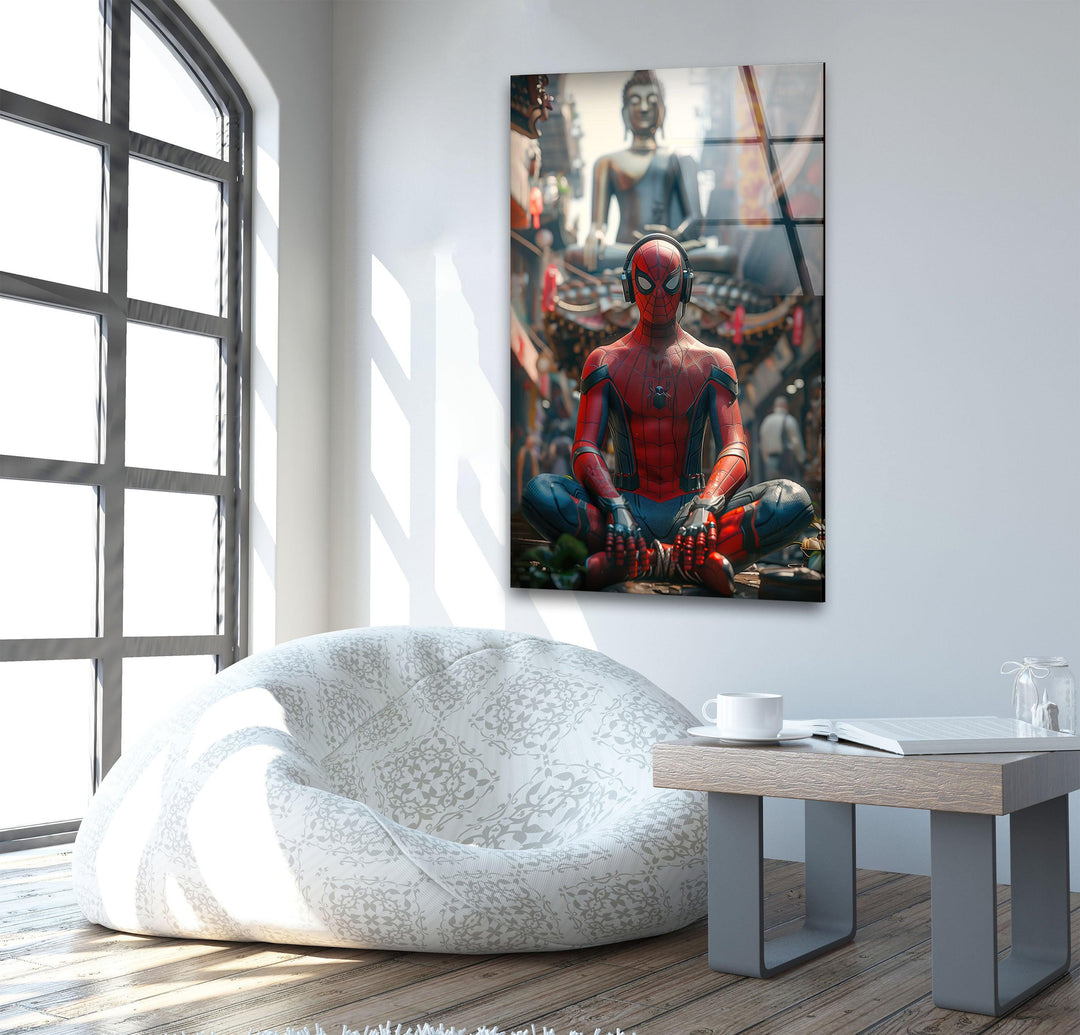 Spiderman with Buddha Glass Wall Art custom glass pictures, glass art prints
