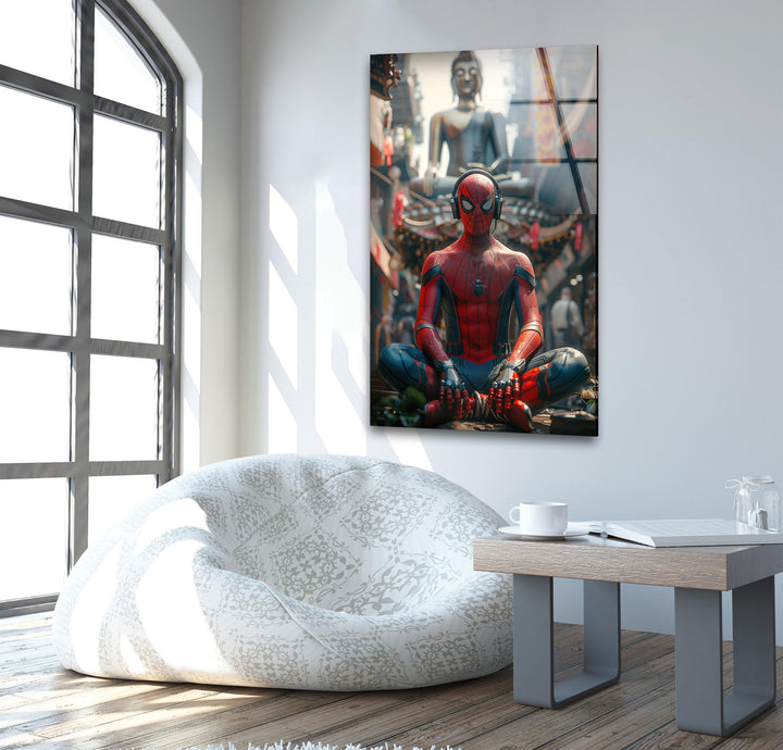 Spiderman with Buddha Glass Wall Art custom glass pictures, glass art prints
