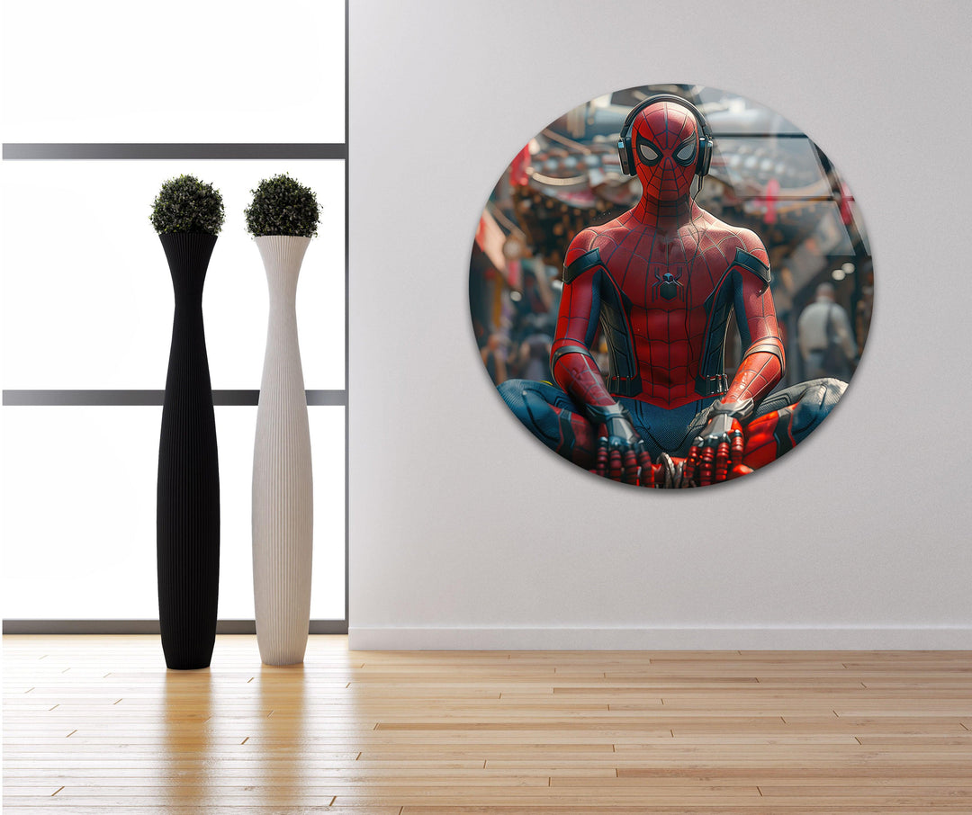 Spiderman with Buddha Glass Wall Art print picture on glass, Tempered Glass Wall Art
