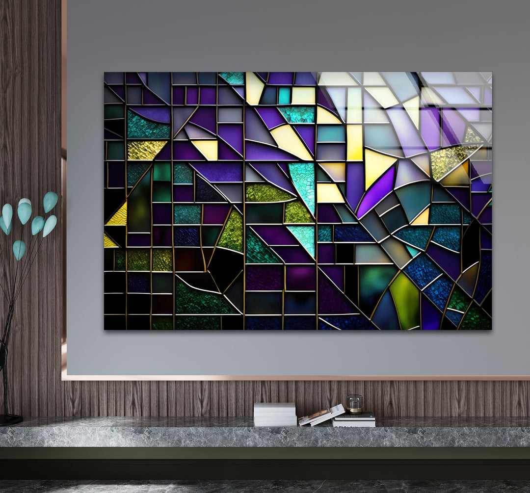 Modern Abstract Stained Glass Wall Art – Purple & Gold Geometric Decor