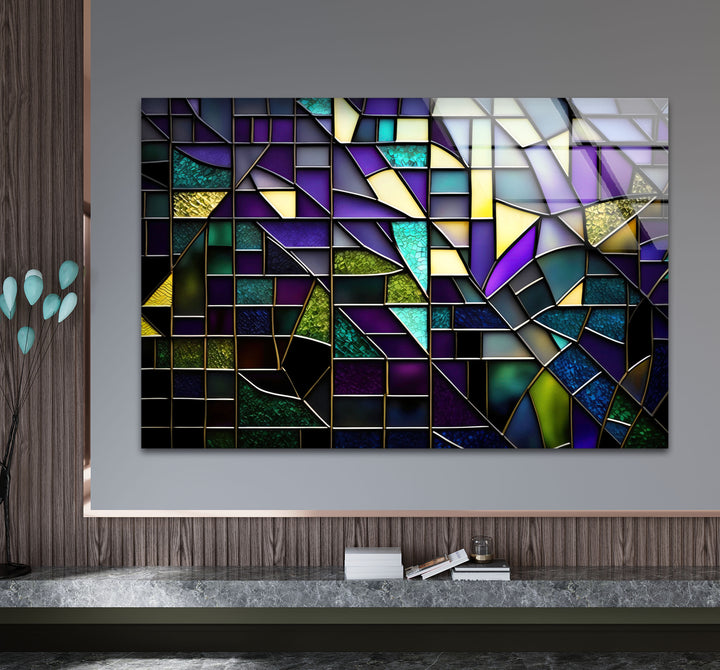 Modern Abstract Stained Glass Wall Art – Purple & Gold Geometric Decor