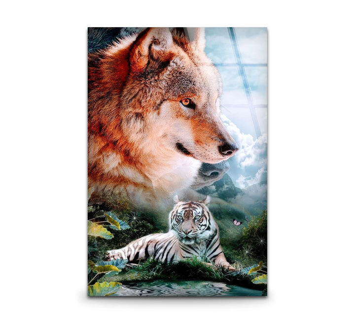 Wolf and White Tiger Wall Art – Majestic Animal Duo Nature Glass Print for Bold Decor - MyPhotoStation