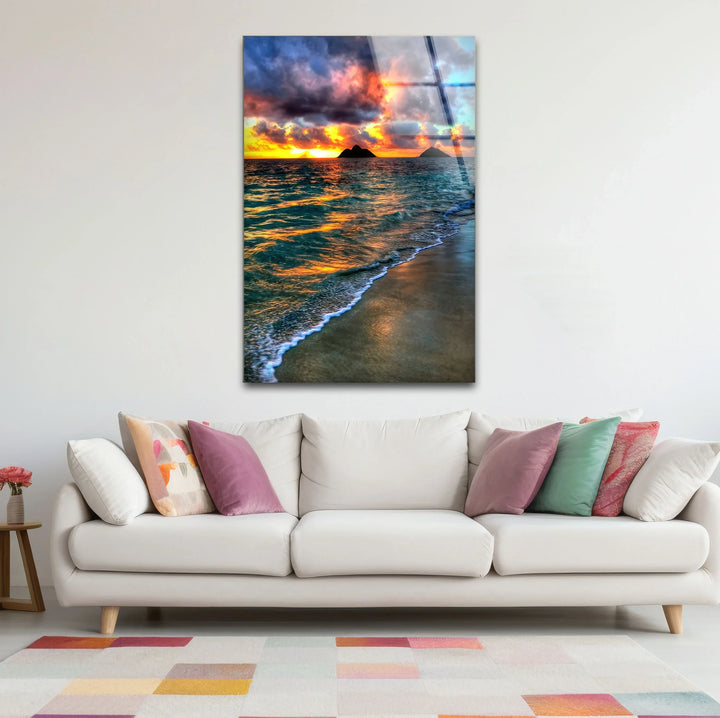 Tropical Sunset Beach Scene – Ocean Wave Glass Wall Art with Island Silhouette - MyPhotoStation