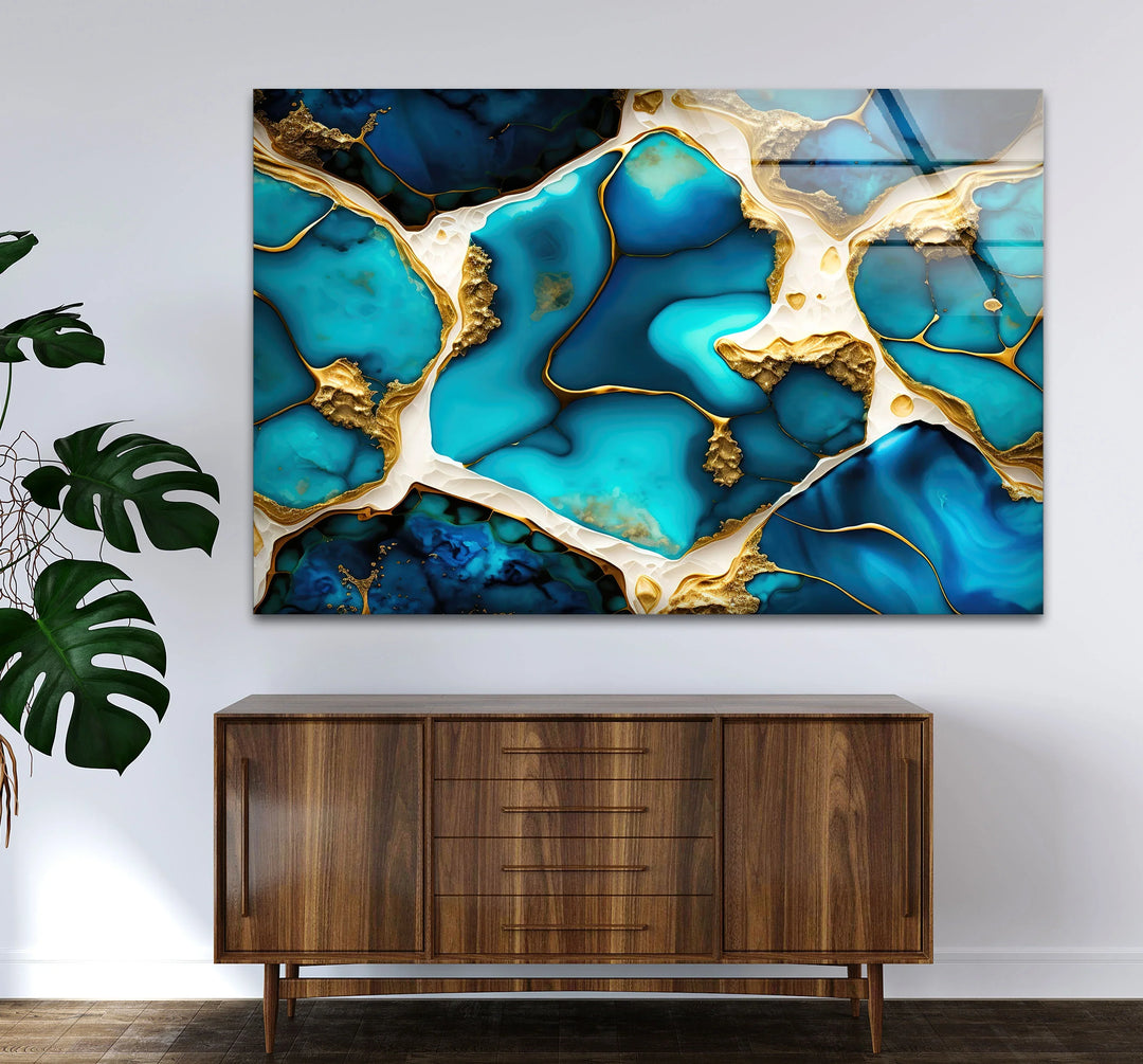 Turquoise Gold Abstract Wall Art – Luxurious Glass Print for Modern Interiors - MyPhotoStation
