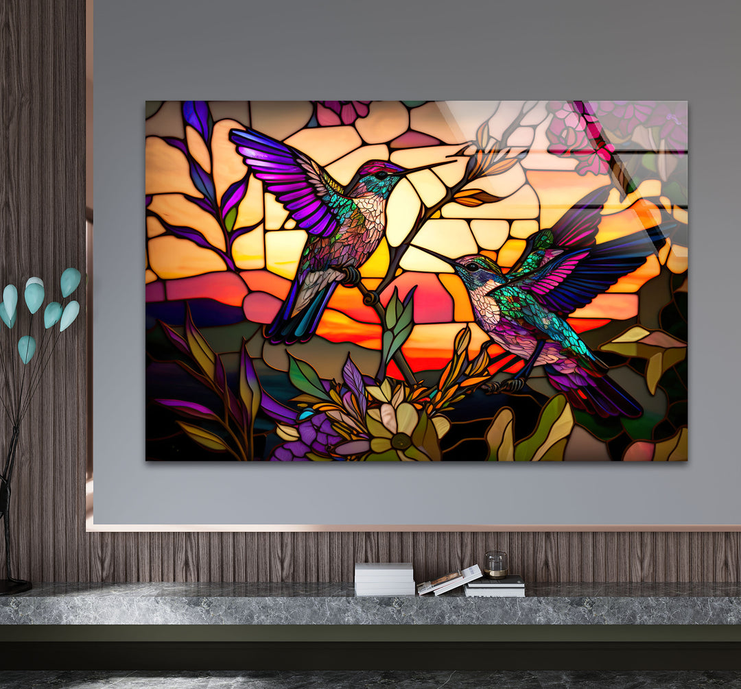 Hummingbird Stained Glass Wall Art – Sunset Floral Window Panel