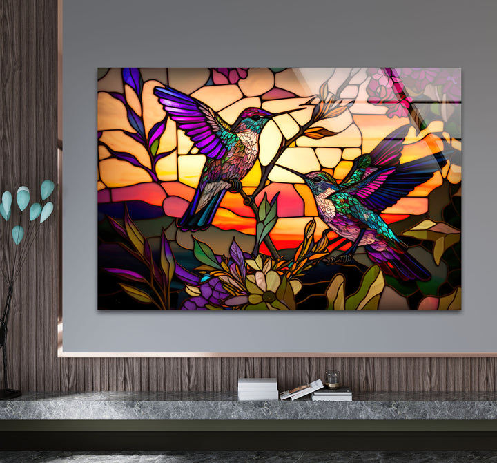Hummingbird Stained Glass Wall Art – Sunset Floral Window Panel