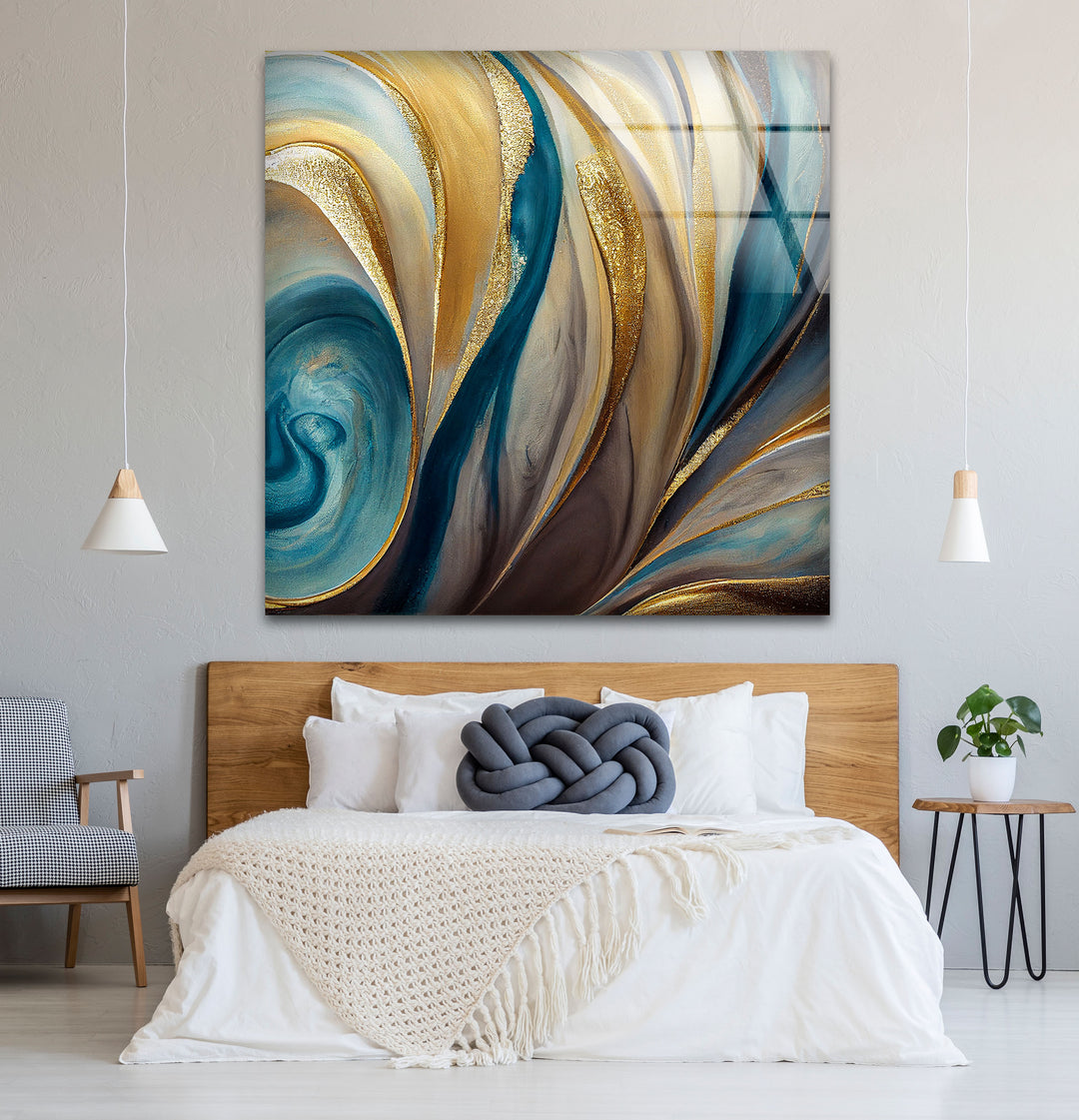 Teal Gold Swirl Wall Art – Elegant Abstract Glass Print for Modern Interiors
