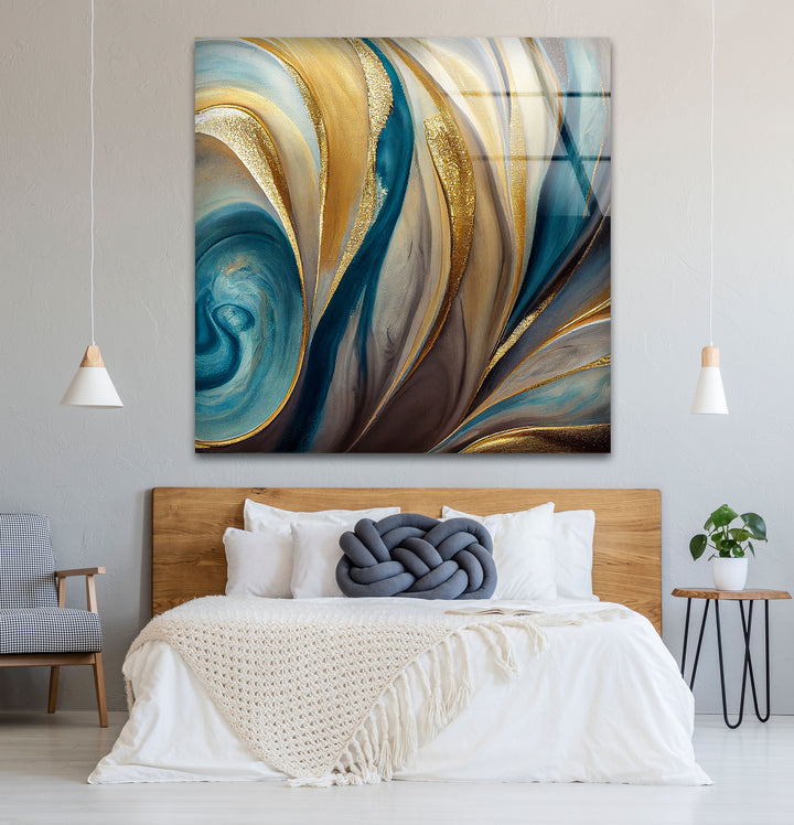 Teal Gold Swirl Wall Art – Elegant Abstract Glass Print for Modern Interiors