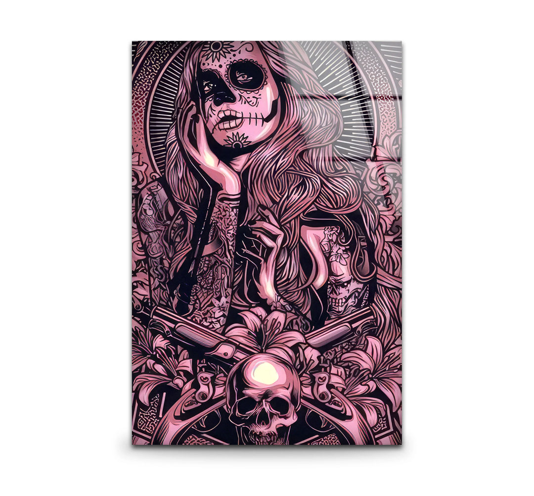Day of the Dead Gothic Wall Art – Pink Skull Girl with Guns Tattoo Design - MyPhotoStation