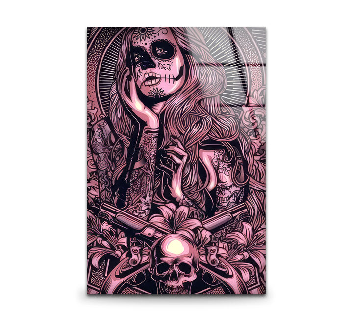 Day of the Dead Gothic Wall Art – Pink Skull Girl with Guns Tattoo Design - MyPhotoStation