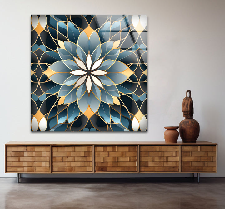 Elegant Lotus Mandala Glass Wall Art – Blue Gold Sacred Geometry Pattern