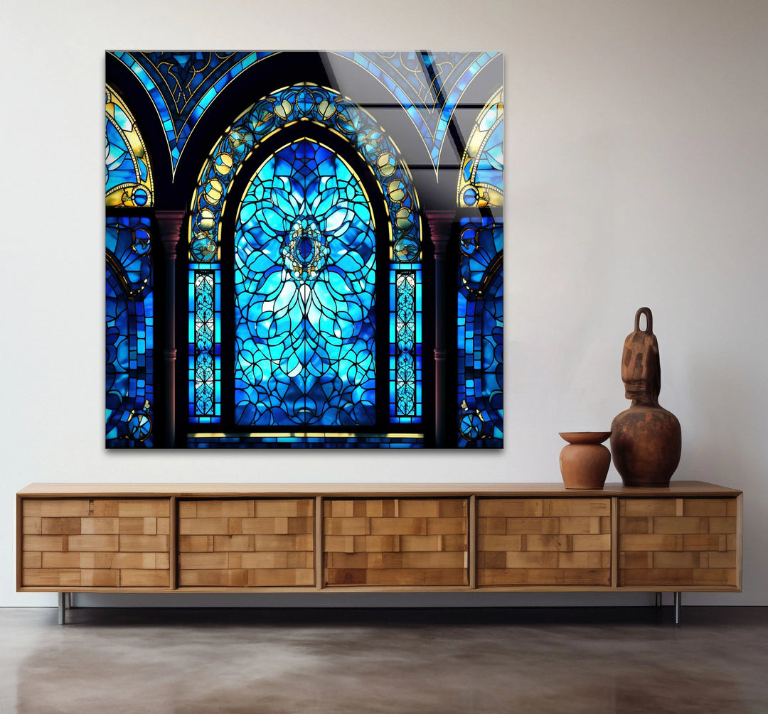 Gothic Blue Stained Glass Wall Art – Elegant Arched Window Design, Vintage Cathedral-Inspired Home Decor - MyPhotoStation