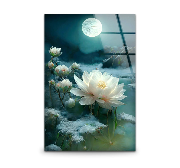 Moonlit White Lotus Glass Wall Art – Tranquil Floral Design with Ethereal Night Glow - MyPhotoStation