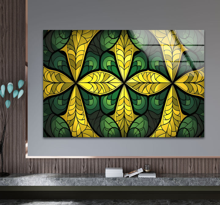 Green & Gold Stained Glass Wall Art – Botanical Geometric Glass Design