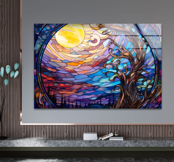Mystic Moon Buntglas-Wandkunst – Verzauberter Baum &amp; Nachthimmel-Dekor