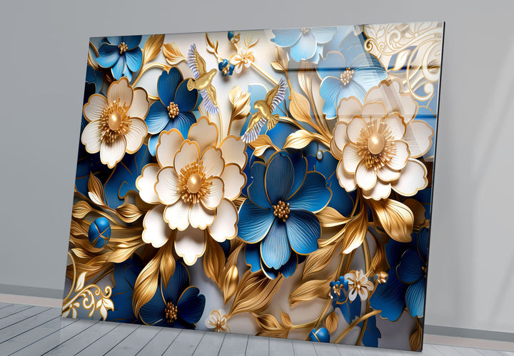 Elegante blau-goldene florale Wandkunst – 3D-Glasplatte für moderne Innenräume