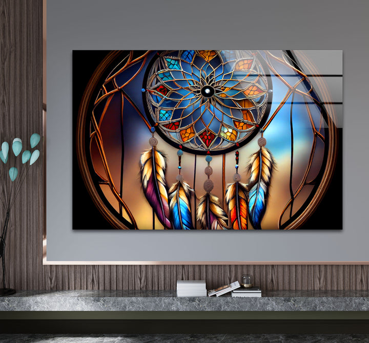 Dreamcatcher Stained Glass Wall Art – Boho Spirit Window Design, Tribal Home Decor