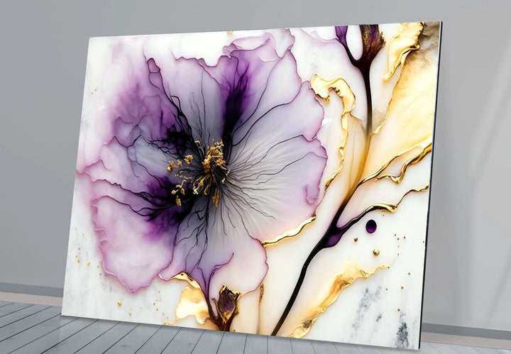 Purple and Gold Abstract Floral Wall Art – Luxury Glass Print for Elegant Interiors - MyPhotoStation