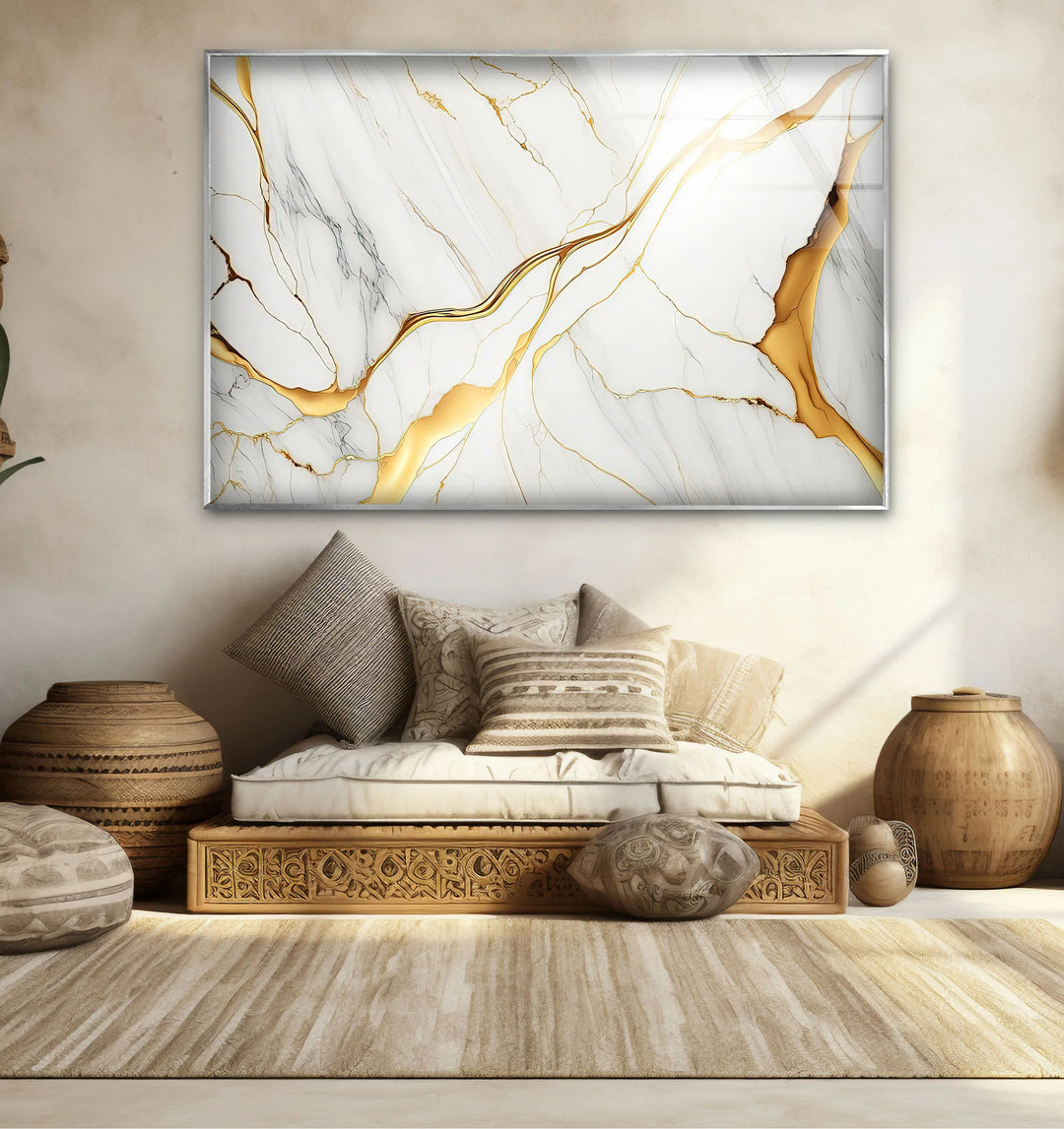 White Marble Wall Art with Gold Veins – Elegant Abstract Glass Print for Modern Luxury Interiors - MyPhotoStation