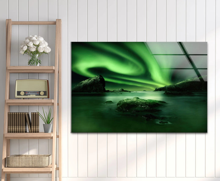 Northern Lights Aurora Borealis Wall Art – Green Sky Glass Print for Modern Interiors - MyPhotoStation
