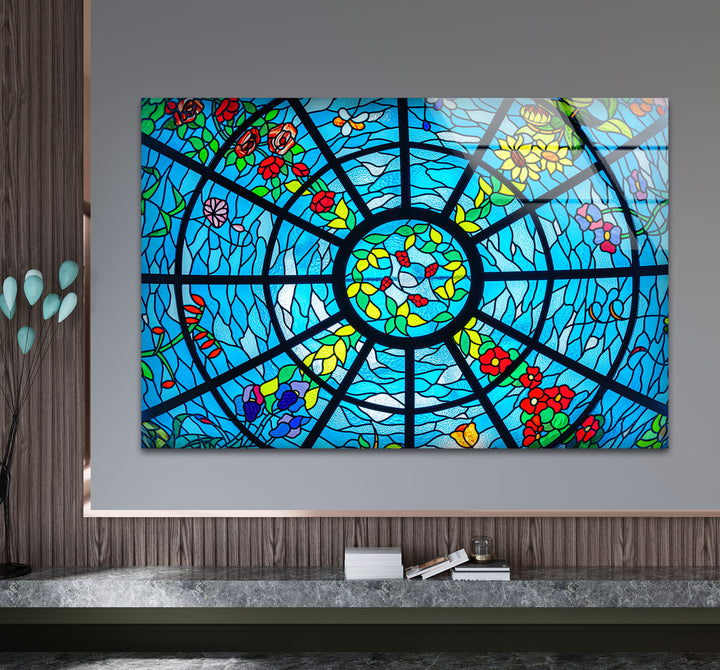 Blue Stained Glass Wall Art – Vibrant Floral & Ocean Window Design for Home & Office