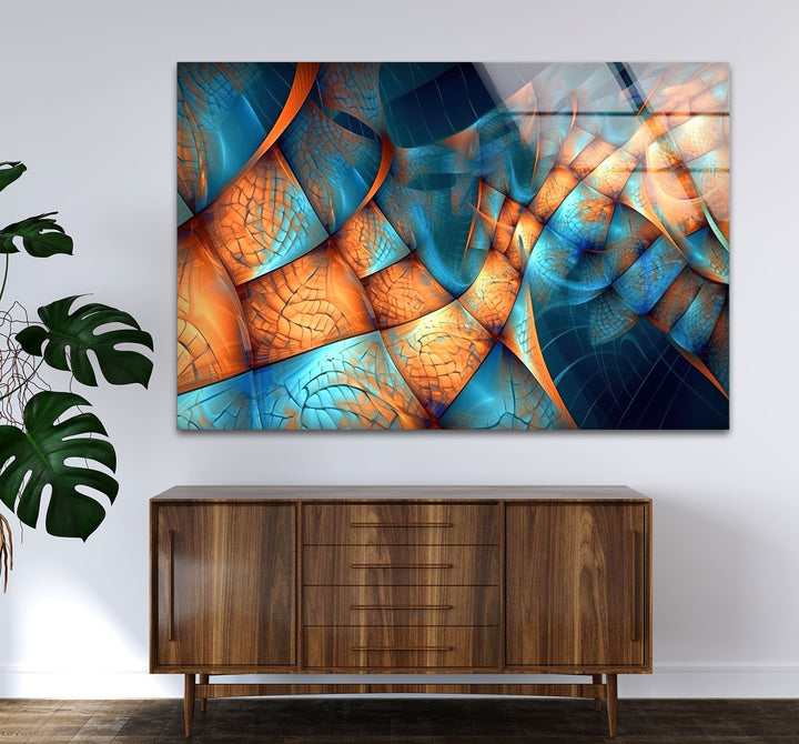 Fraktale Wellen-Glaswandkunst – Blaues und oranges abstraktes Flussdesign für moderne Räume 