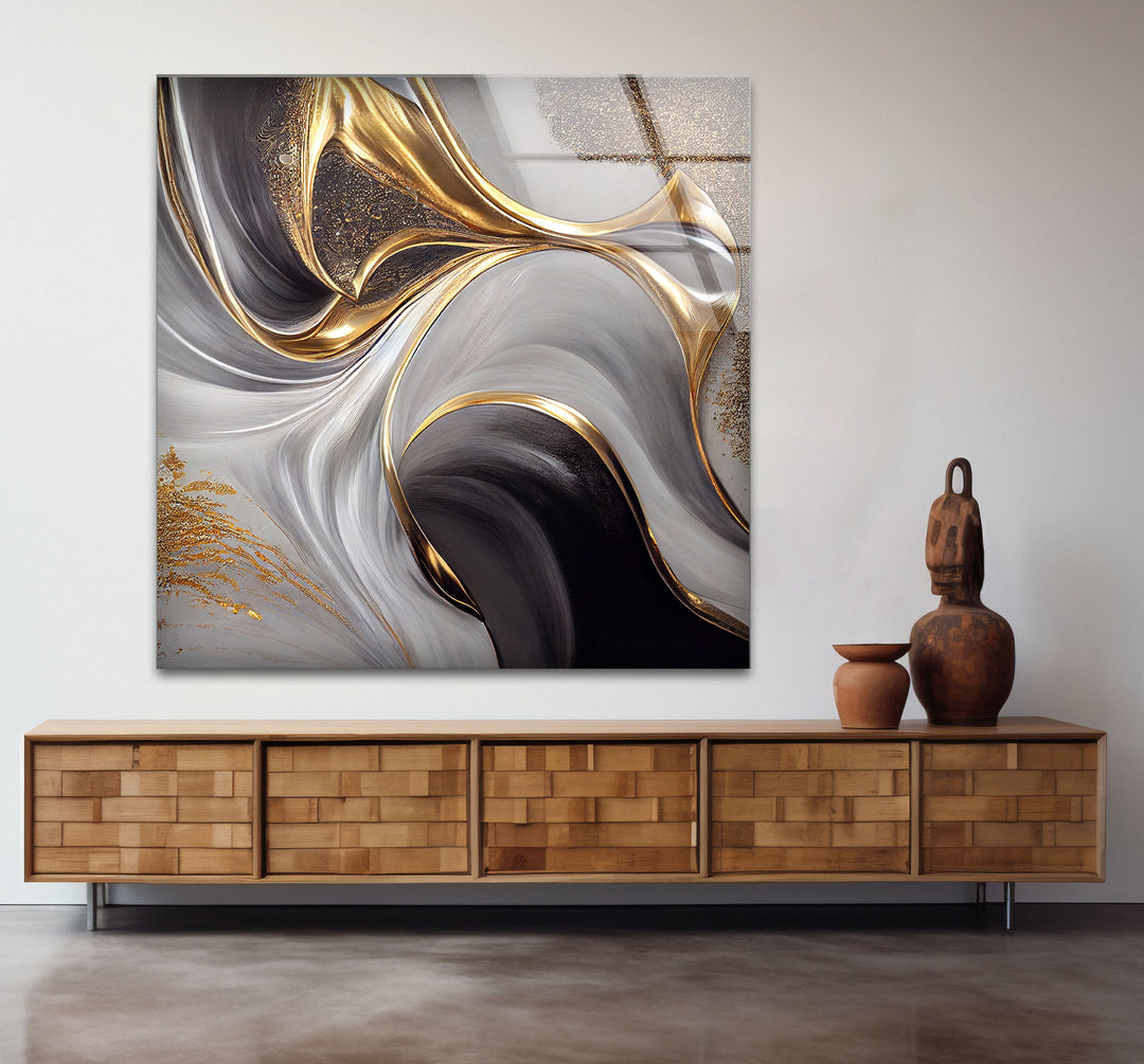 Gold Black White Abstract Wall Art – Elegant Fluid Wave Glass Print for Luxury Interiors