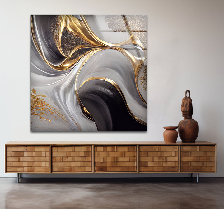 Gold Black White Abstract Wall Art – Elegant Fluid Wave Glass Print for Luxury Interiors