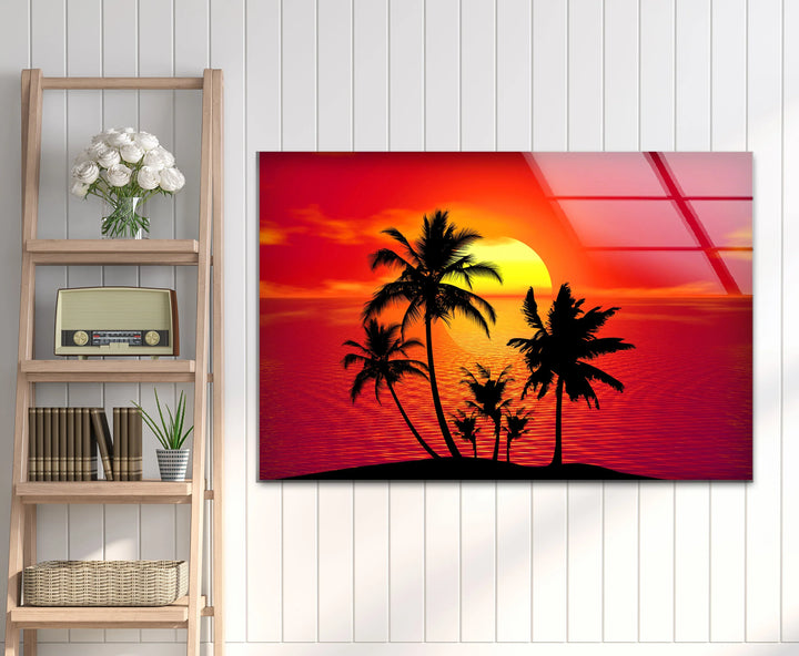 Tropical Sunset Palm Tree Wall Art – Vibrant Beach Scene on Tempered Glass - MyPhotoStation