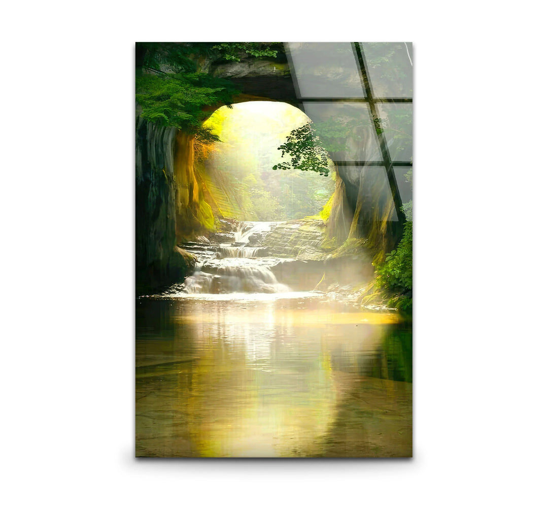 Sunlit Forest Cave Waterfall Glass Wall Art – Serene Nature Landscape Print - MyPhotoStation