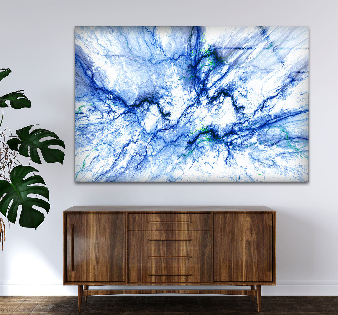 Electric Blue Vein Wall Art – Abstract Lightning-Inspired Glass Print