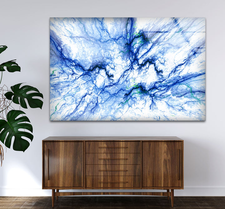 Electric Blue Vein Wall Art – Abstract Lightning-Inspired Glass Print