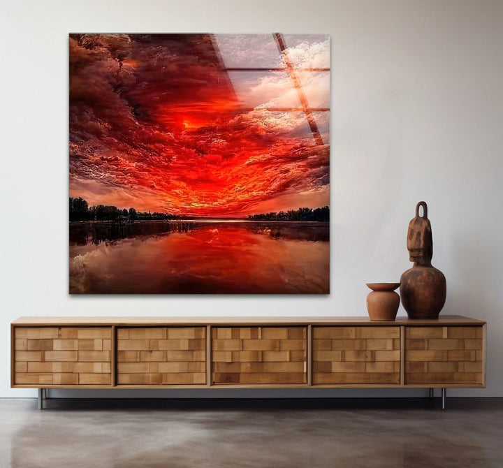 Fiery Sunset Sky Glass Wall Art – Dramatic Red Clouds Over Water Landscape - MyPhotoStation