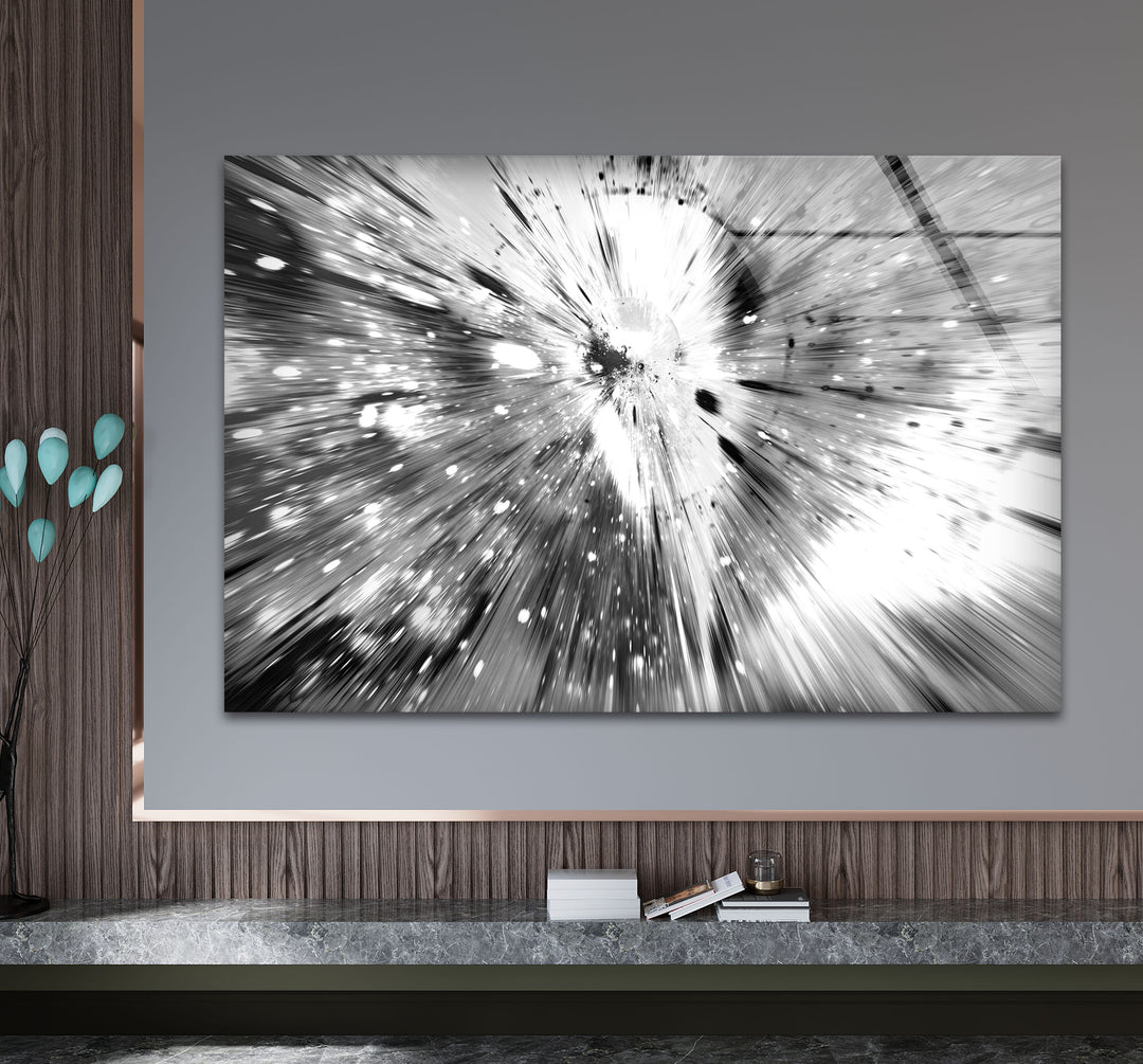 Monochrome Explosion Wall Art – Abstract Black and White Glass Print
